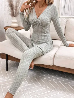 2pcs Women's Twist Front Split Hem Long Sleeve Long Pants Fleece Lounge Set Women Clothing Sets