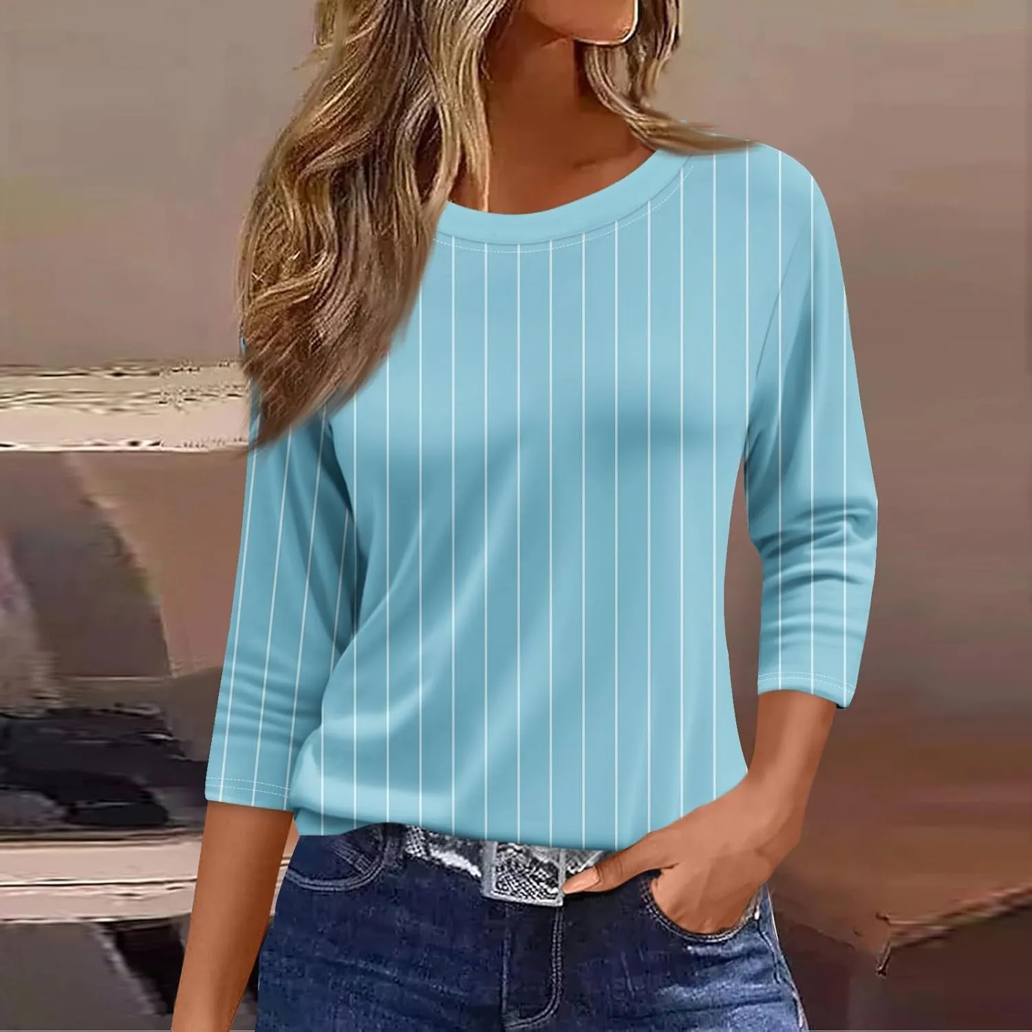 3/4 Length Sleeve Womens Tops Fashion Floral Print Vintage Tshirts 2025 Summer Casual Loose Crew Neck Blouses