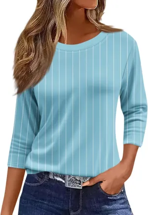 3/4 Length Sleeve Womens Tops Fashion Floral Print Vintage Tshirts 2025 Summer Casual Loose Crew Neck Blouses