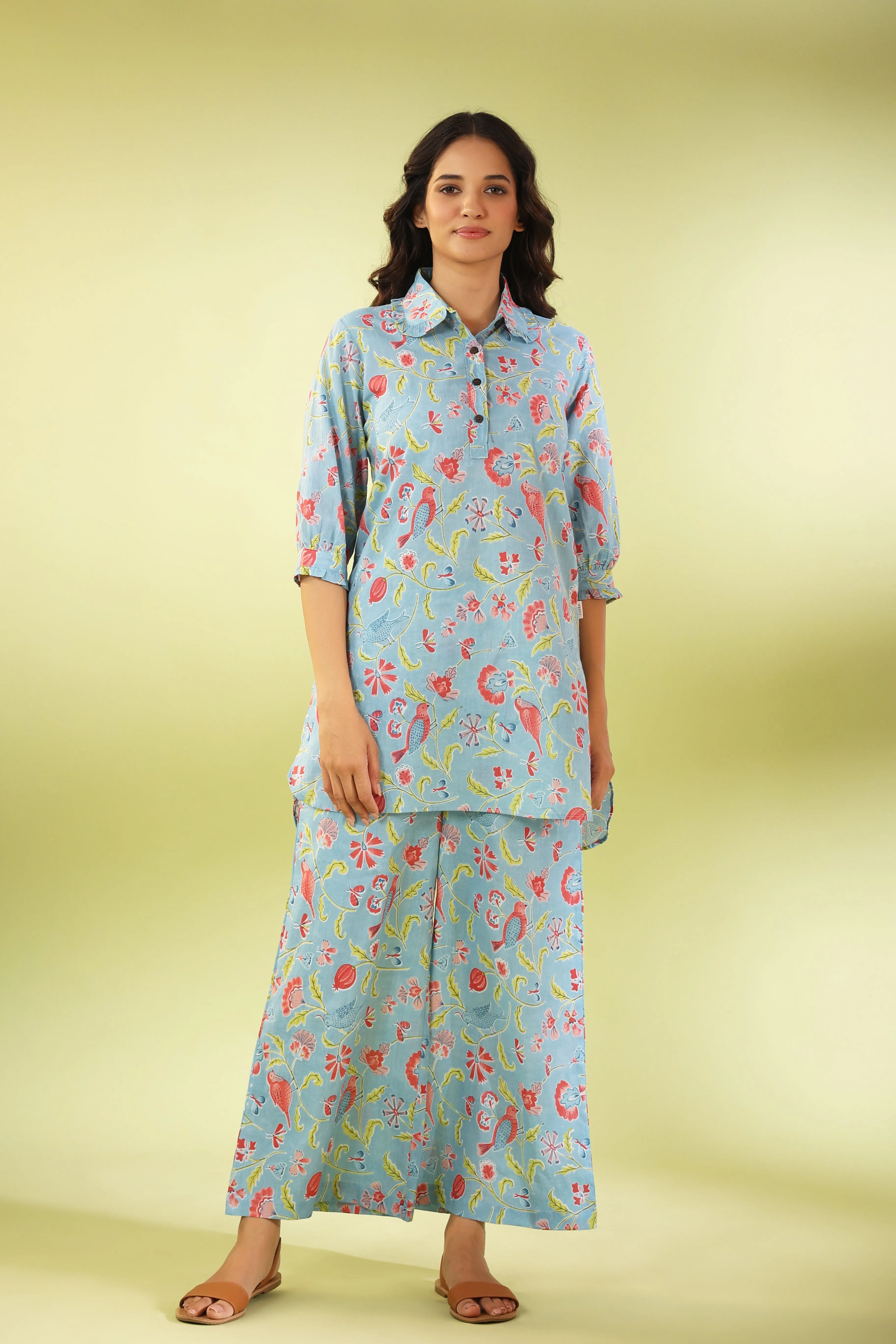 Birdsong Soirée on Light blue Cotton Loungewear Set