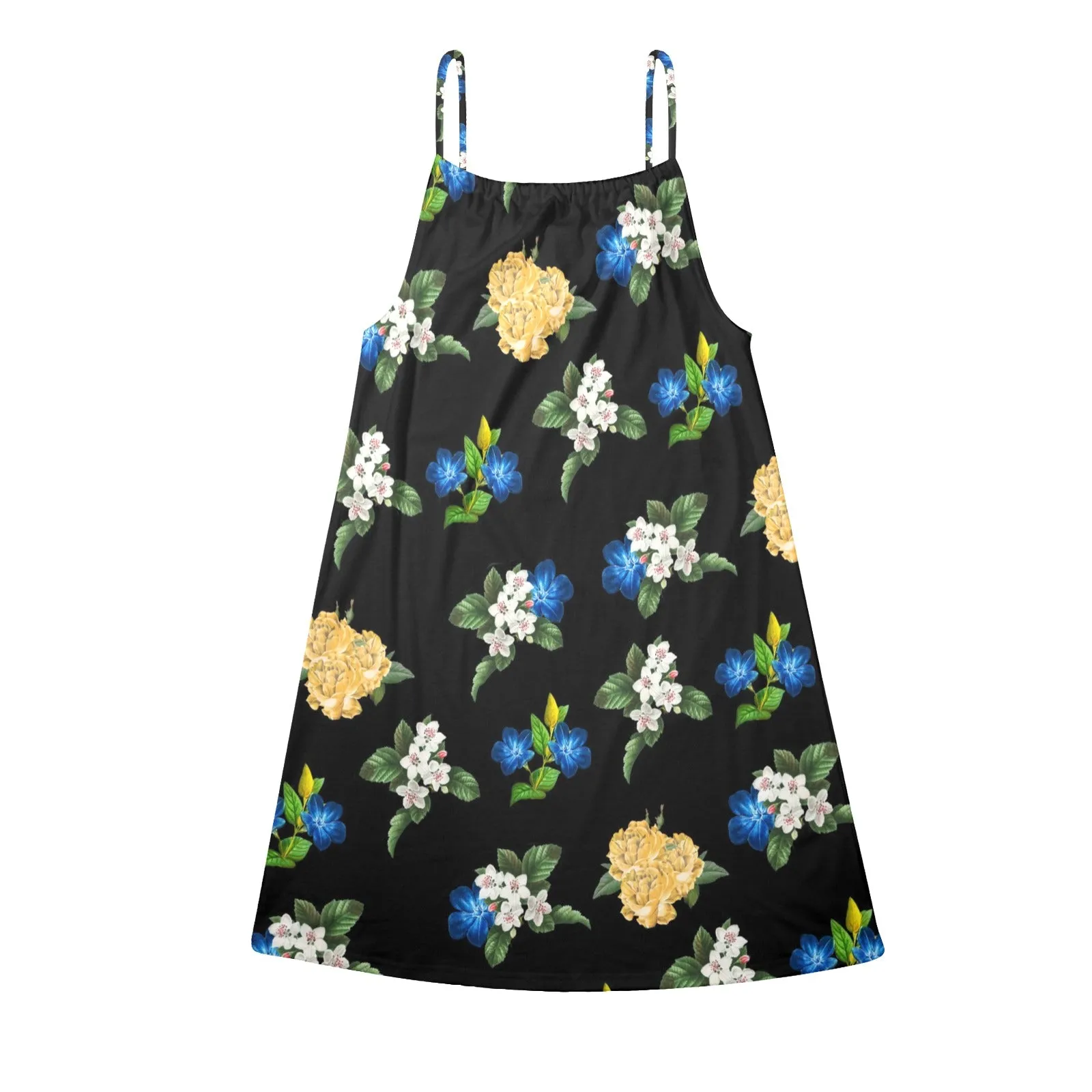 black back med size blue gold white floral print Drawstring Neck Sleeveless Dress (Model D68)