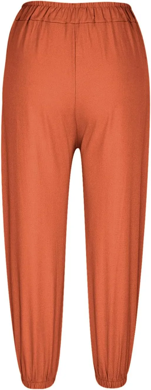 Capri Pants for Women Summer 2024 High Waisted Cotton Linen Cropped Pants Elastic Button Down Trousers with Pockets
