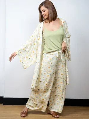 Dana - 3 Pc Cami with Long Pant & Kaftan Set in Ivory & Green