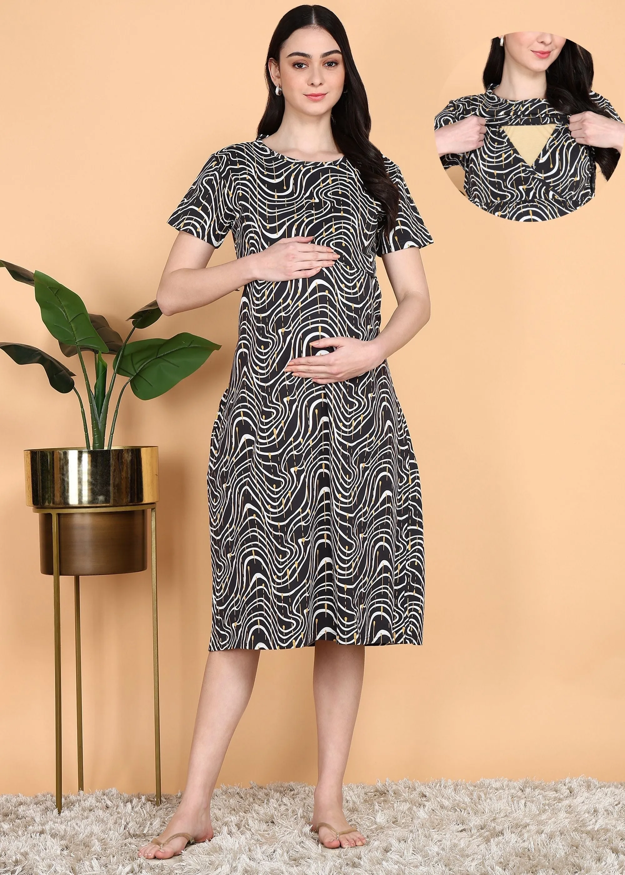 Dark Grey Knitted Cotton Maternity Loungewear Dress