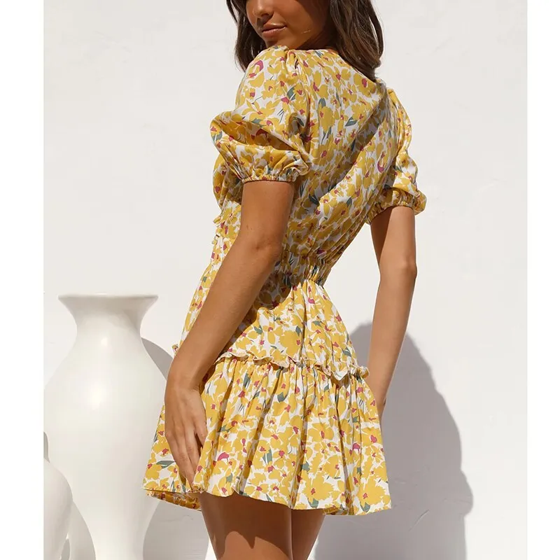 Floral Printed Mini Dress Deep V Neck