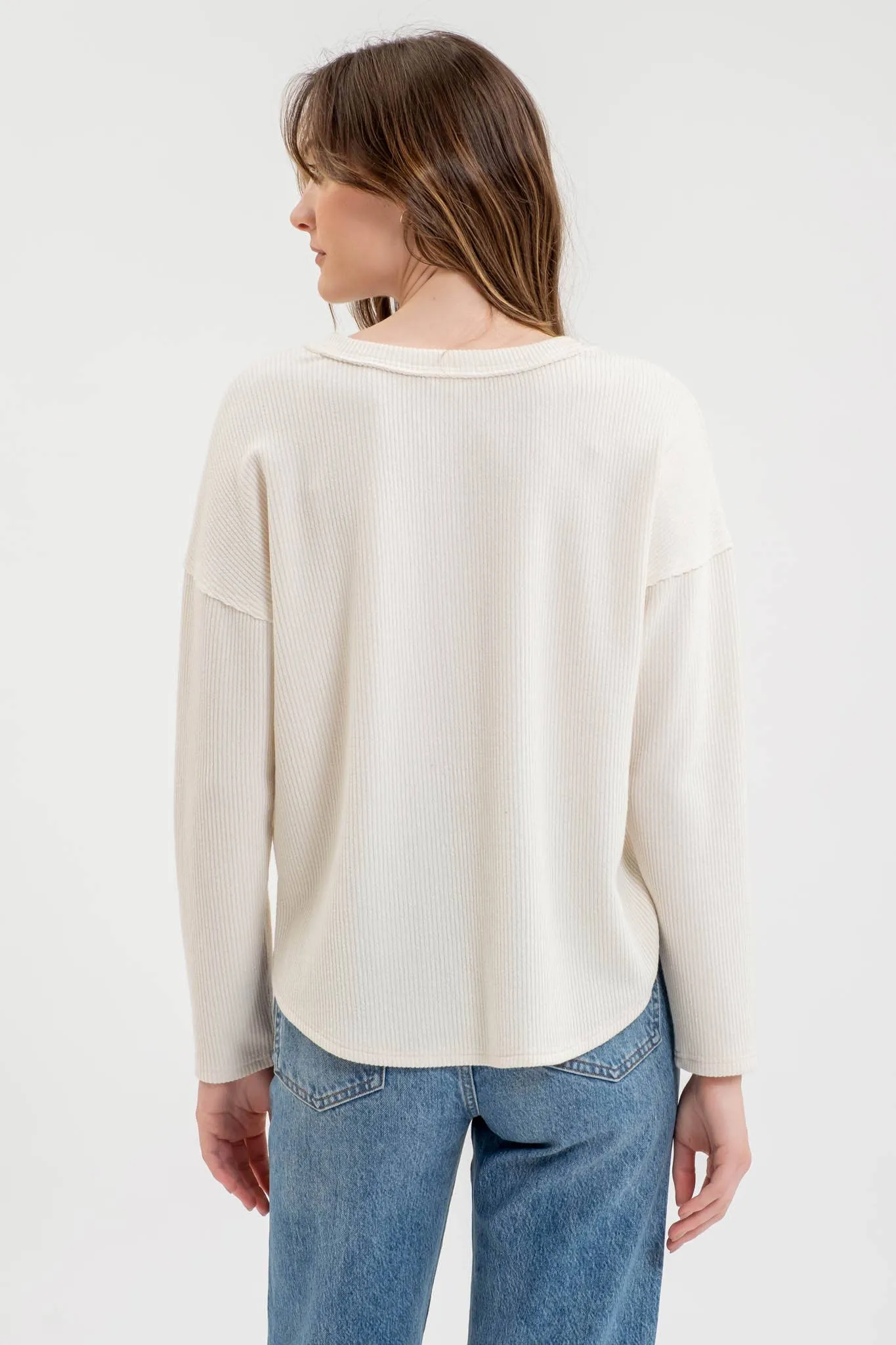 HALF BUTTON V NECK LONG SLEEVE KNIT TOP