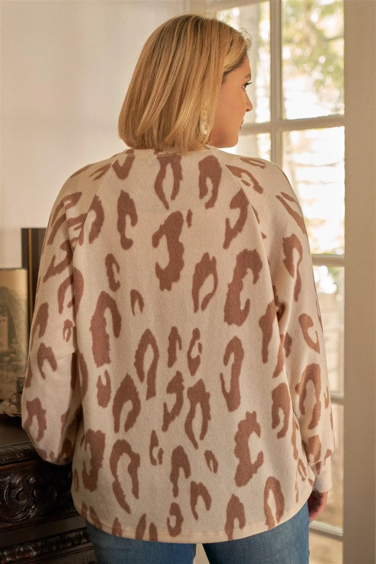 Junior Plus Ivory & Taupe Leopard Print Round Neck Long Sleeve Super Soft Sweatshirt /3-2-1
