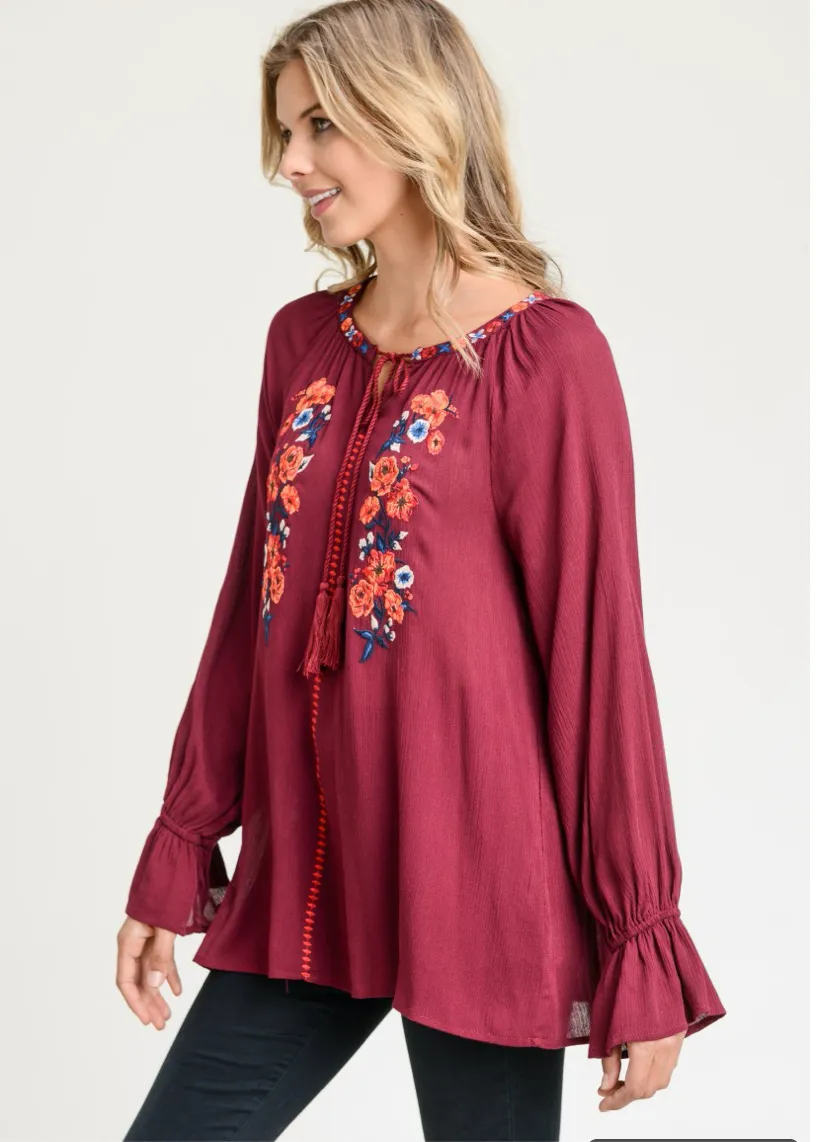 Long Sleeve Embroidered w/ Tassel Tie