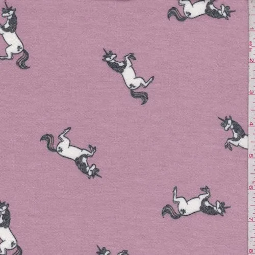Mauve Leaping Unicorn Brushed French Terry Knit Fabric