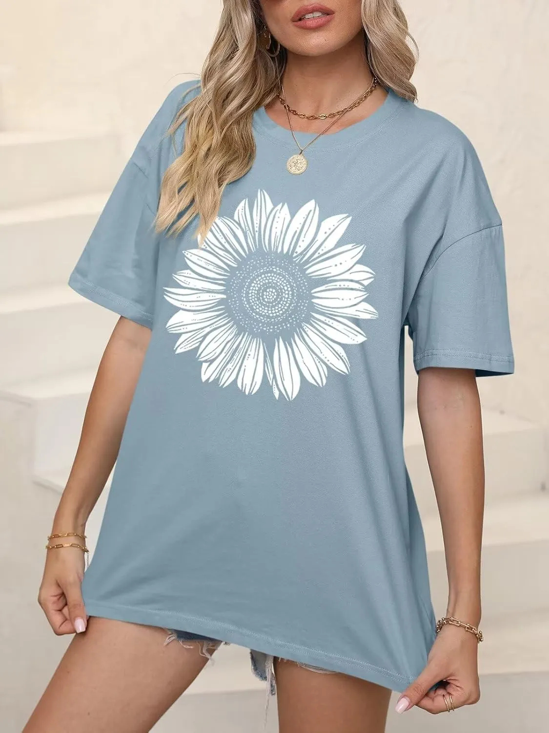 ORANDESIGNE Women’s Oversized Graphic Print Short Sleeve Tunic Tops Crew Neck Casual Drop Shoulder T Shirts