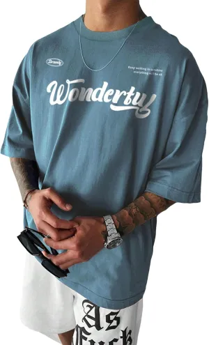 OYOANGLE Men's Oversized Graphic Print Short Sleeve Round Neck Streetwear Tee Shirt Tops