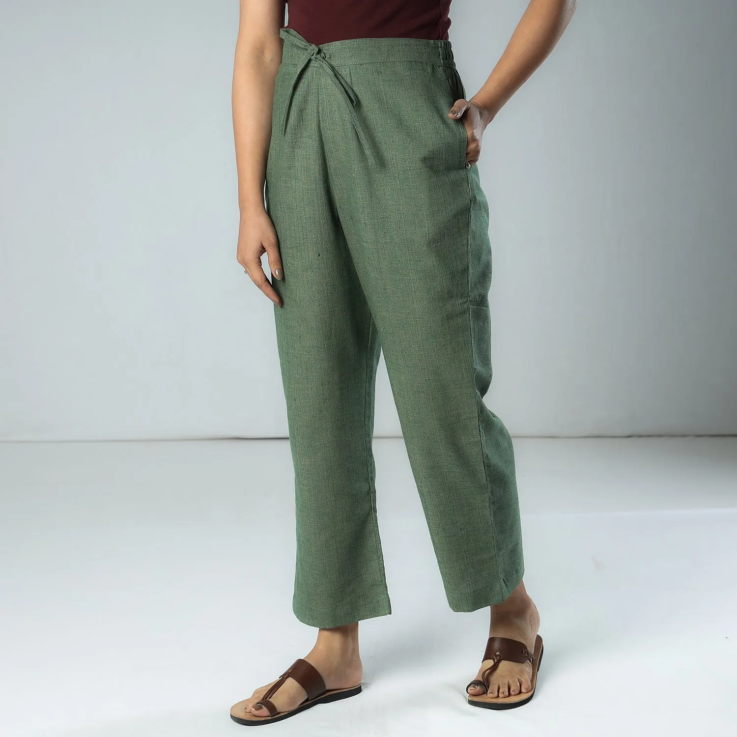 Pistachio Green - Texture Plain Dyed Cotton Relaxed Fit Pant