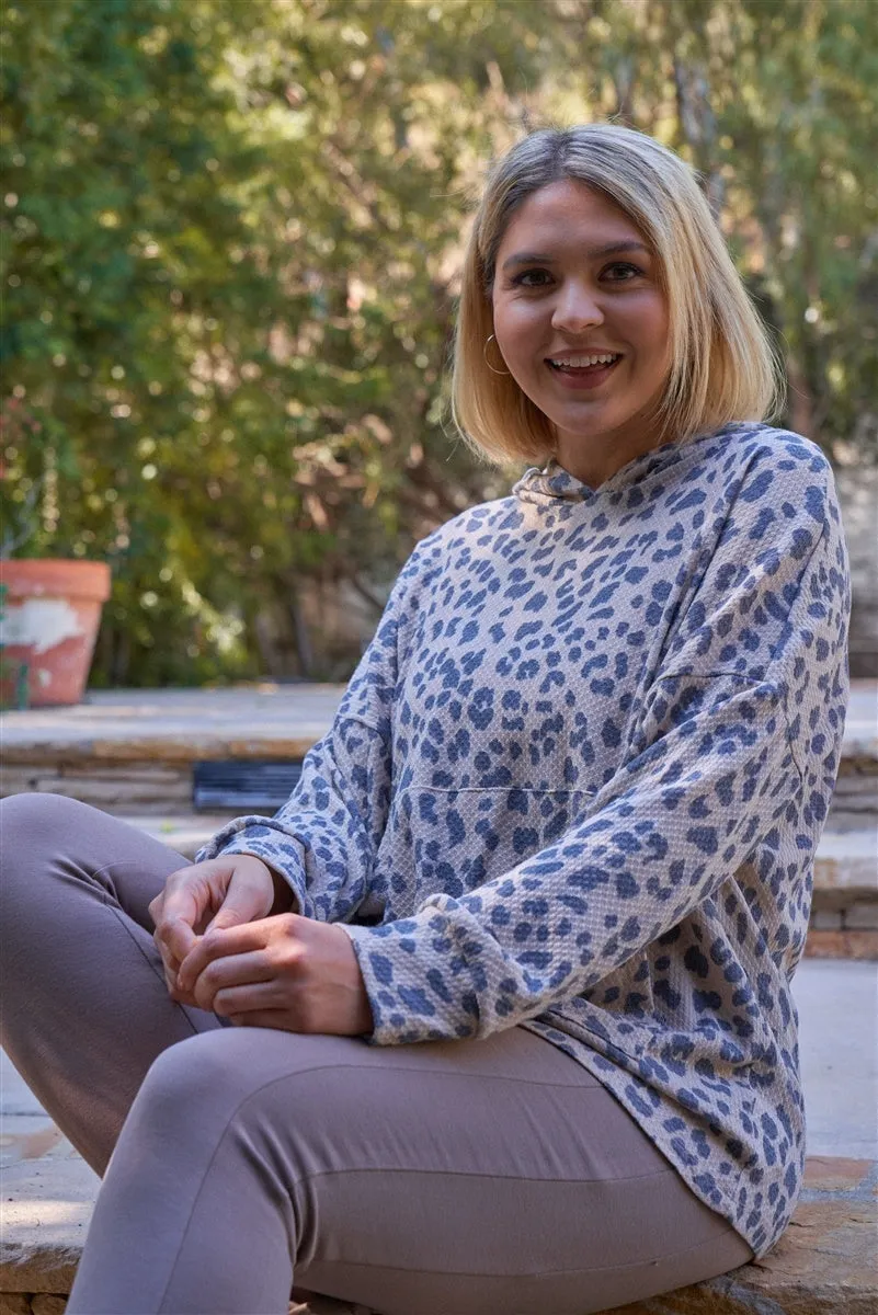 Plus Taupe & Black Cheetah Hooded Knit Construction Dropped Shoulders Long Sleeve Front Pocket Relaxed Fit Sweatshirt