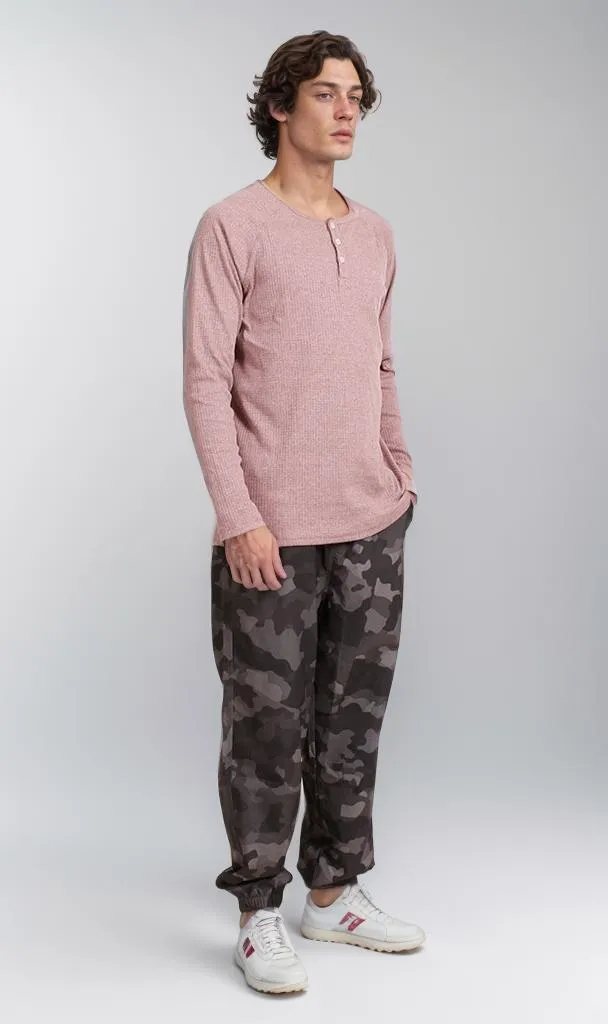 R208534 - Waffle Textured Long-Sleeve Henley Shirt - Mauve