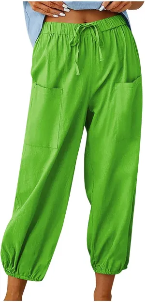 Straight Harem Pants Womens High Waist Relaxed Fit Lantern Trousers Cotton Linen Business Casual Summer Elastic Slacks
