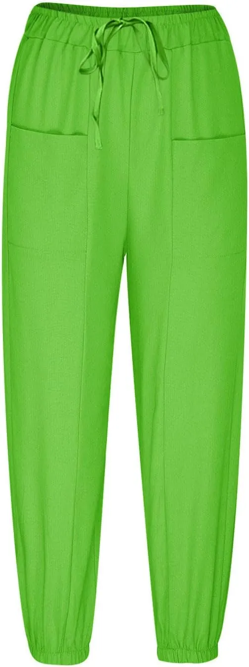 Straight Harem Pants Womens High Waist Relaxed Fit Lantern Trousers Cotton Linen Business Casual Summer Elastic Slacks