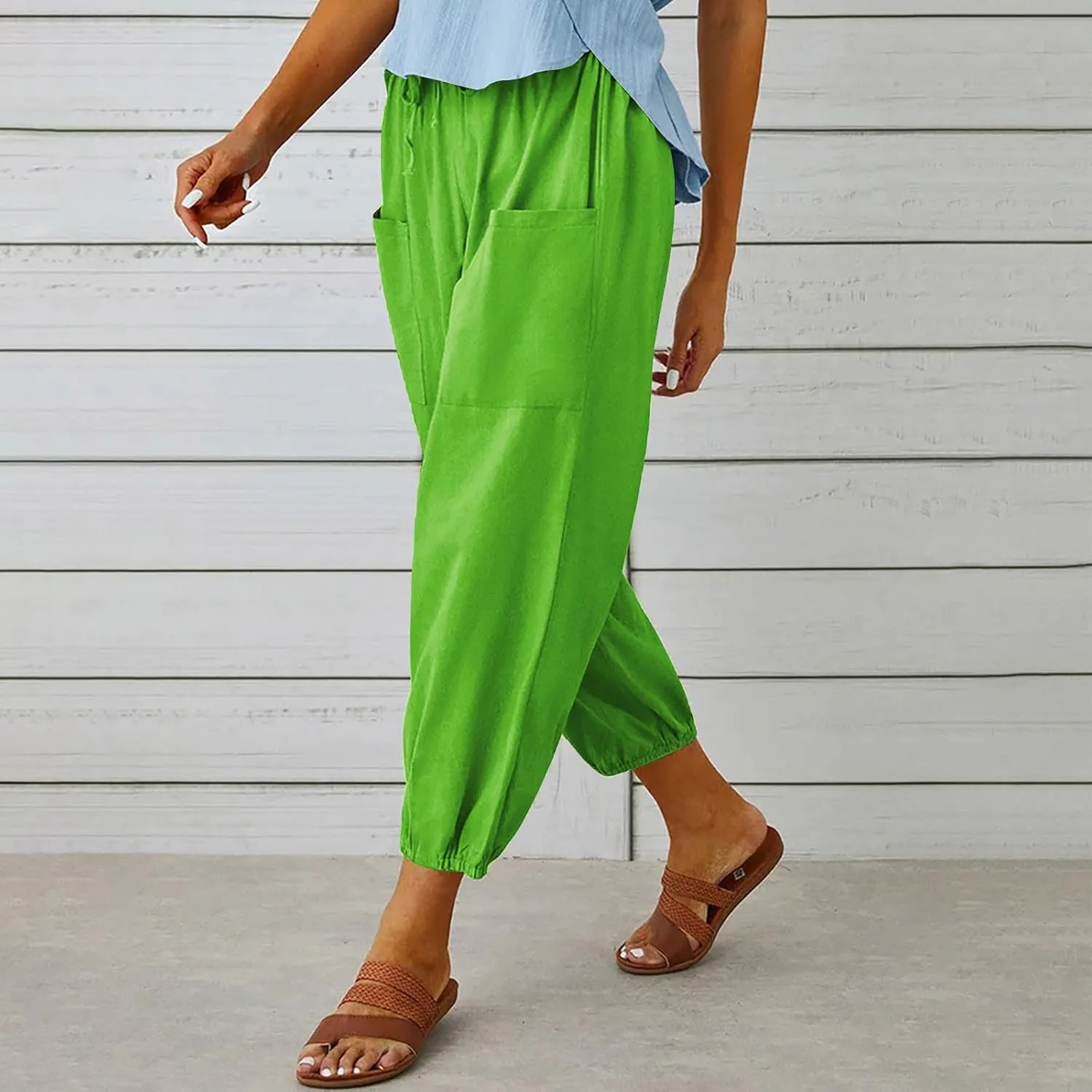 Straight Harem Pants Womens High Waist Relaxed Fit Lantern Trousers Cotton Linen Business Casual Summer Elastic Slacks