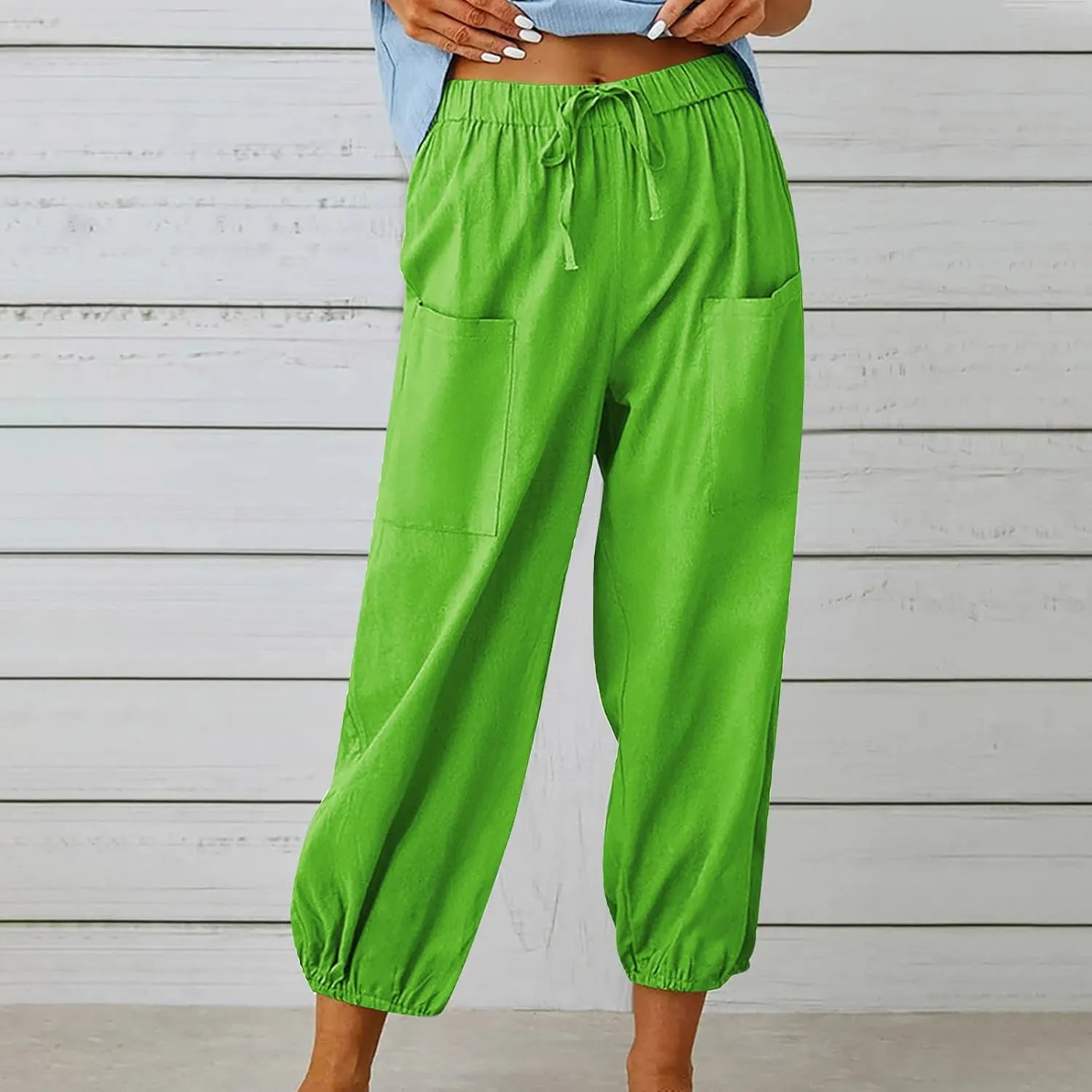 Straight Harem Pants Womens High Waist Relaxed Fit Lantern Trousers Cotton Linen Business Casual Summer Elastic Slacks