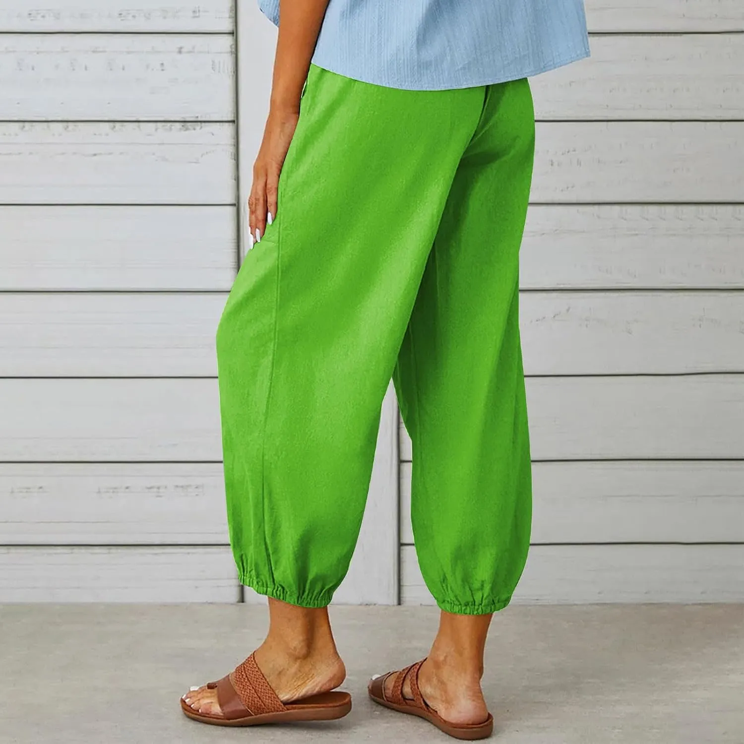 Straight Harem Pants Womens High Waist Relaxed Fit Lantern Trousers Cotton Linen Business Casual Summer Elastic Slacks