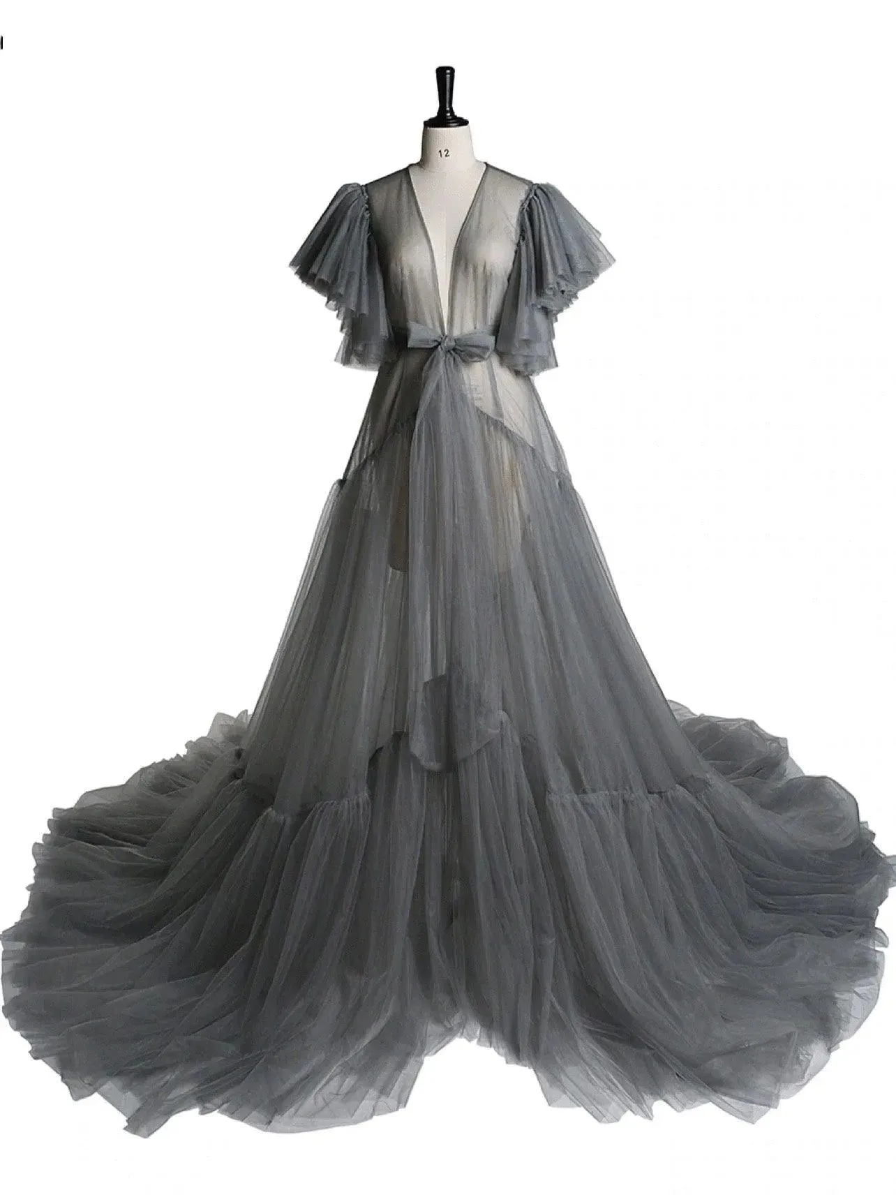 V Neck Bow Short Sleeve Pleated  Luxury Robe