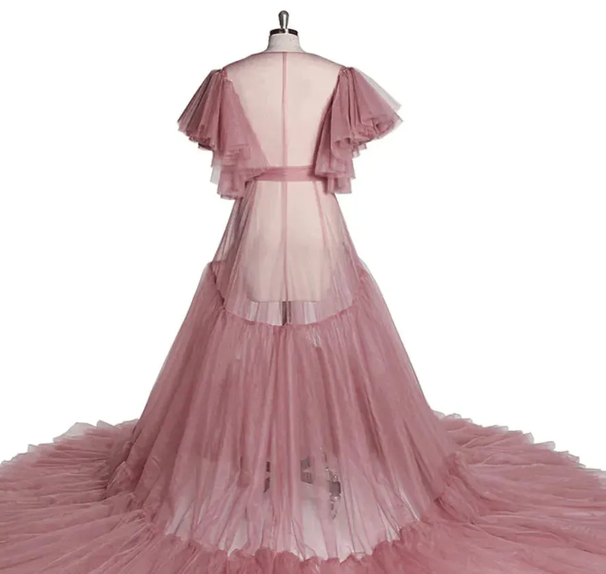 V Neck Bow Short Sleeve Pleated  Luxury Robe