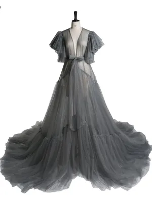 V Neck Bow Short Sleeve Pleated  Luxury Robe