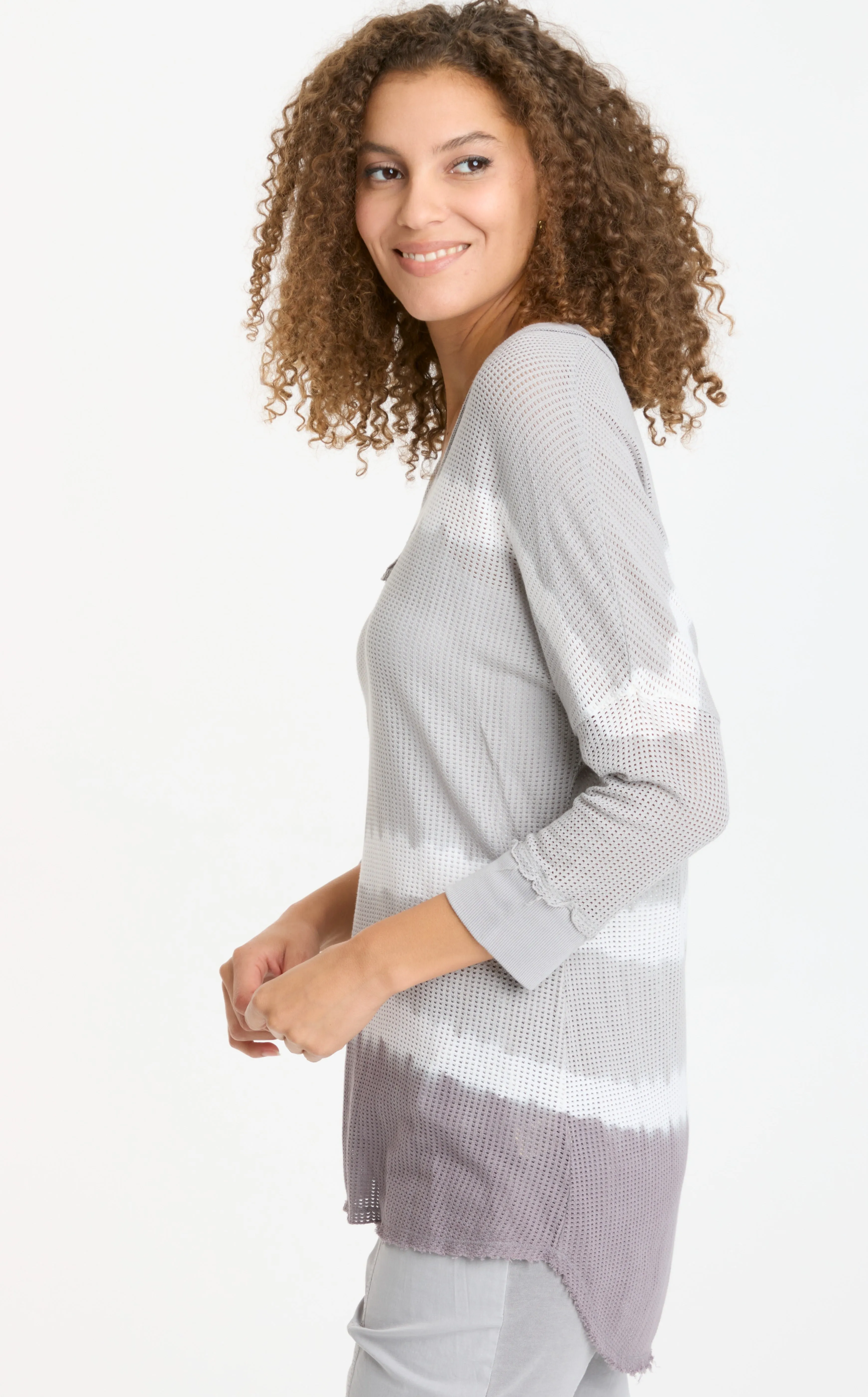 XCVI Wearables, Cotton Mesh, 3/4 Sleeve Mira Pullover in gray tye dye